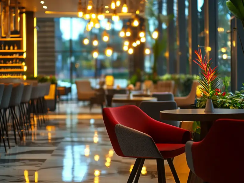 Elegant restaurant interior with warm lighting, red armchairs, and a sleek bar area.